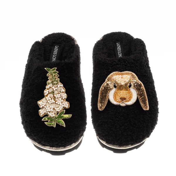 Laines London Teddy Closed Toe Slippers With Bunny & White Foxglove Brooches