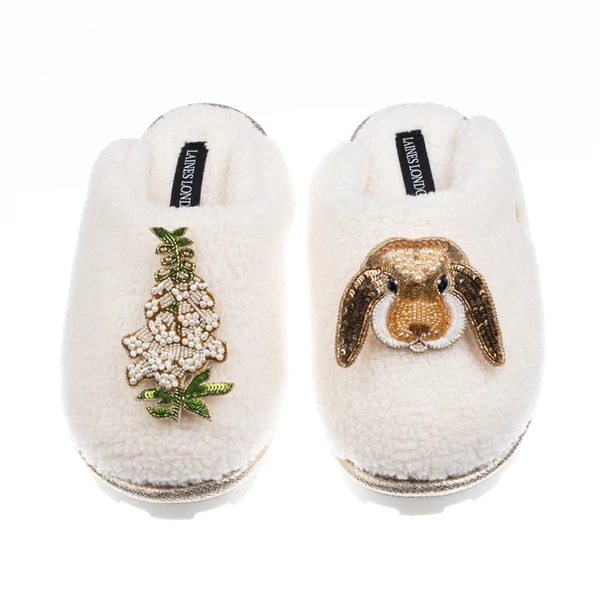 Laines London Teddy Closed Toe Slippers With Bunny & White Foxglove Brooches