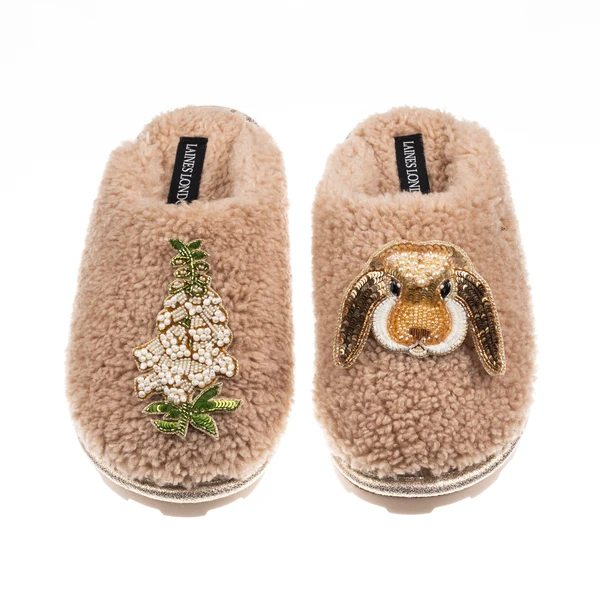 Laines London Teddy Closed Toe Slippers With Bunny & White Foxglove Brooches