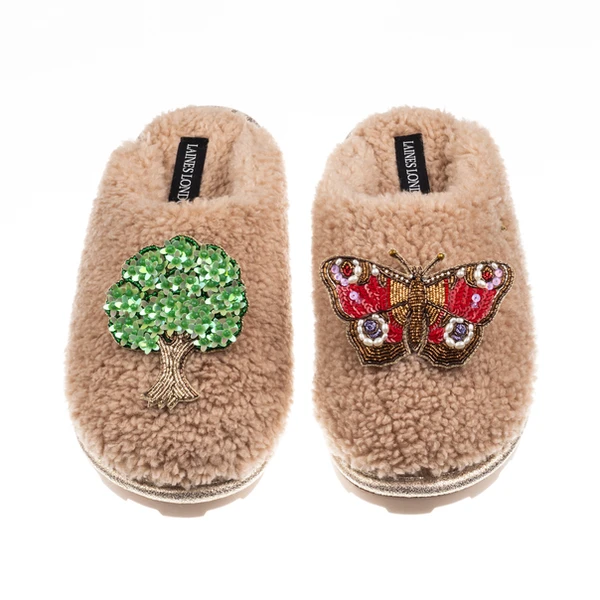 Laines London Teddy Closed Toe Slippers With Butterfly & Oak Tree Brooches