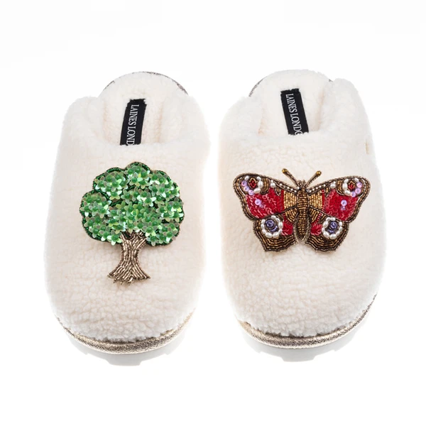 Laines London Teddy Closed Toe Slippers With Butterfly & Oak Tree Brooches