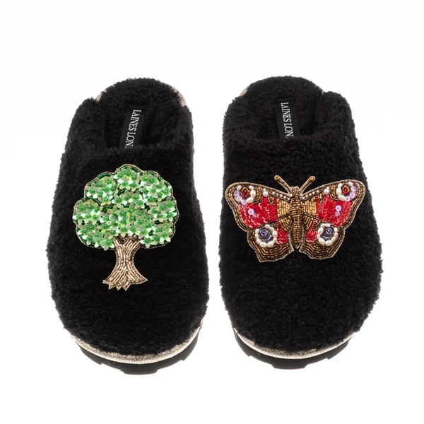 Laines London Teddy Closed Toe Slippers With Butterfly & Oak Tree Brooches