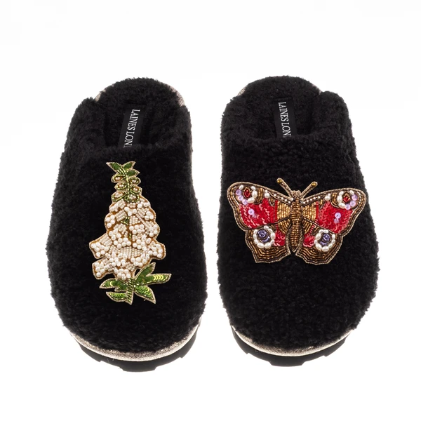 Laines London Teddy Closed Toe Slippers With Butterfly & White Foxglove Brooches