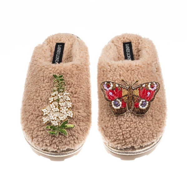 Laines London Teddy Closed Toe Slippers With Butterfly & White Foxglove Brooches