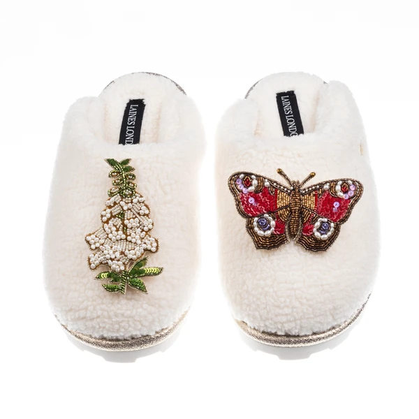 Laines London Teddy Closed Toe Slippers With Butterfly & White Foxglove Brooches
