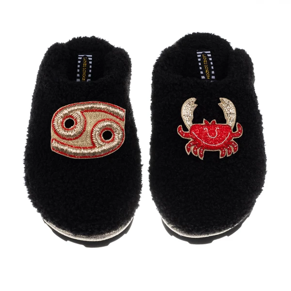 Laines London Teddy Closed Toe Slippers With Cancer Star Sign Brooches