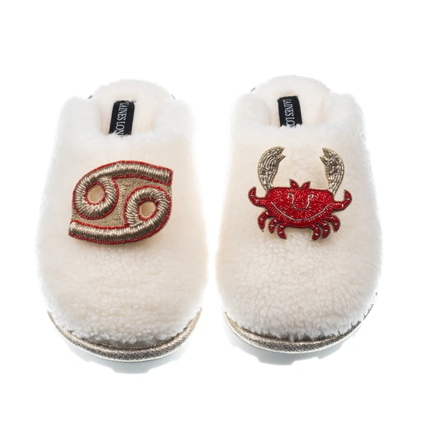Laines London Teddy Closed Toe Slippers With Cancer Star Sign Brooches