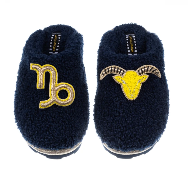 Laines London Teddy Closed Toe Slippers With Capricorn Star Sign Brooches