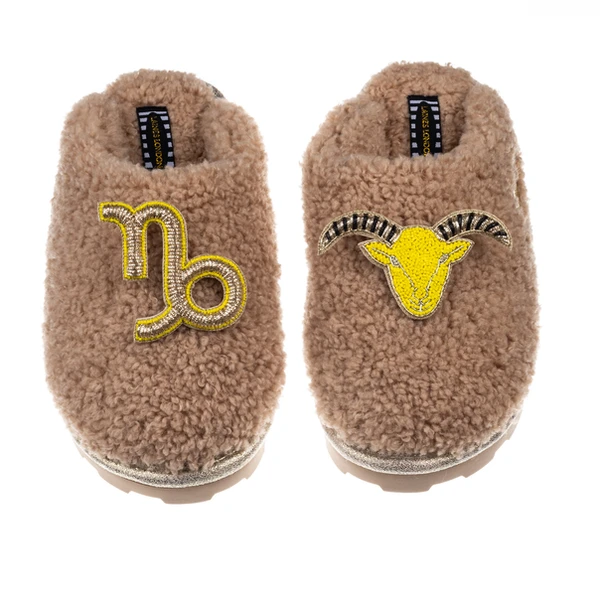 Laines London Teddy Closed Toe Slippers With Capricorn Star Sign Brooches