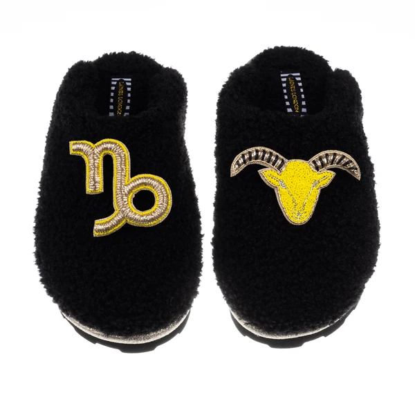 Laines London Teddy Closed Toe Slippers With Capricorn Star Sign Brooches