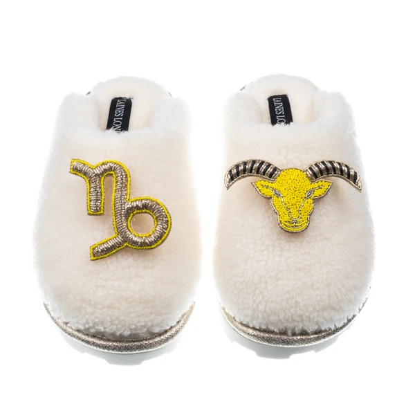 laines london Teddy Closed Toe Slippers With Capricorn Star Sign Brooches