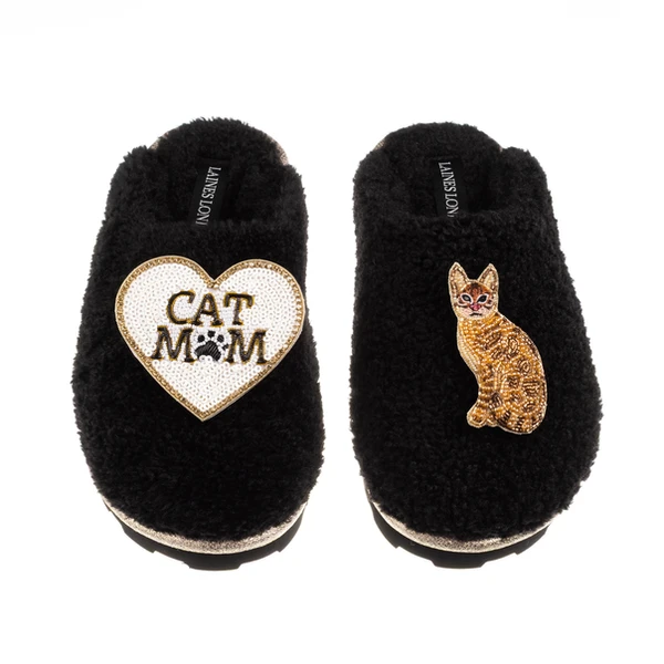 Laines London Teddy Closed Toe Slippers With Cat Mum/Mom & Bengal Cat Brooches