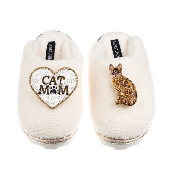 Laines London Teddy Closed Toe Slippers With Cat Mum/Mom & Bengal Cat Brooches