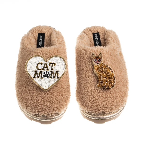 laines london Teddy Closed Toe Slippers With Cat Mum/Mom & Bengal Cat Brooches
