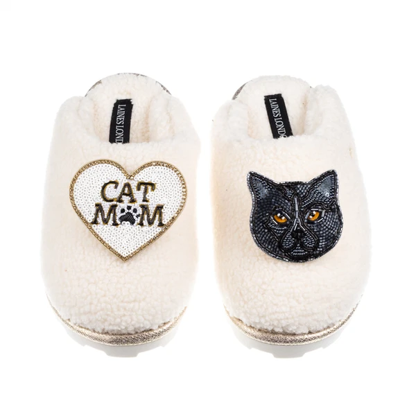 Laines London Teddy Closed Toe Slippers With Cat Mum/Mom & Black British Shorthair Brooches