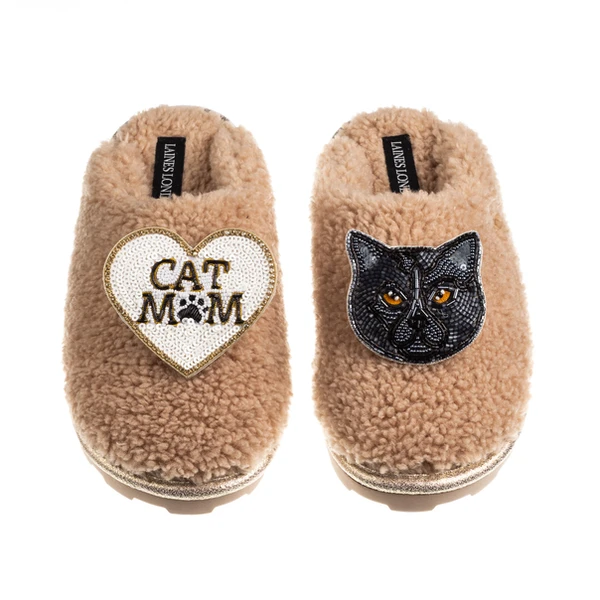 Laines London Teddy Closed Toe Slippers With Cat Mum/Mom & Black British Shorthair Brooches