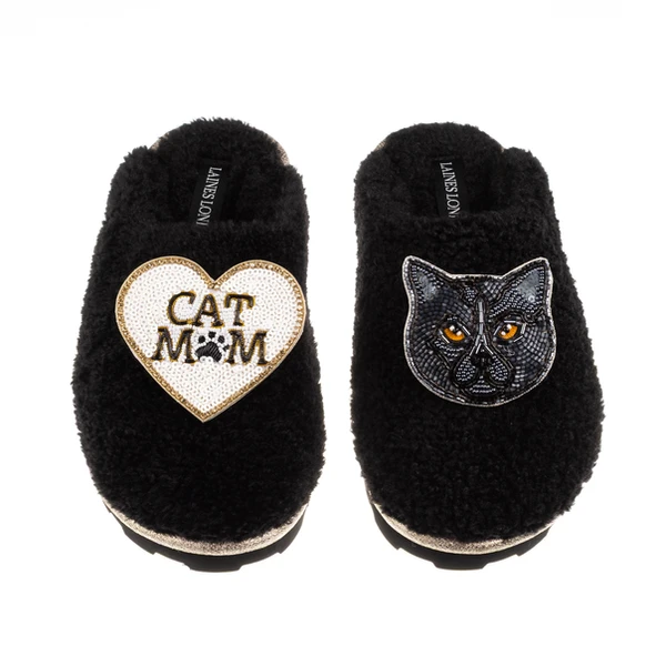 Laines London Teddy Closed Toe Slippers With Cat Mum/Mom & Black British Shorthair Brooches