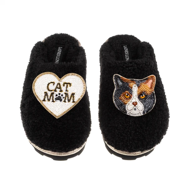 Laines London Teddy Closed Toe Slippers With Cat Mum/Mom & British Shorthair Cat Brooches