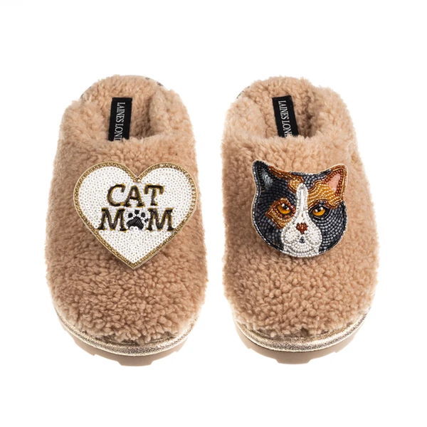 Laines London Teddy Closed Toe Slippers With Cat Mum/Mom & British Shorthair Cat Brooches