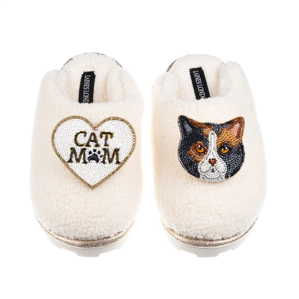 laines london Teddy Closed Toe Slippers With Cat Mum/Mom & British Shorthair Cat Brooches