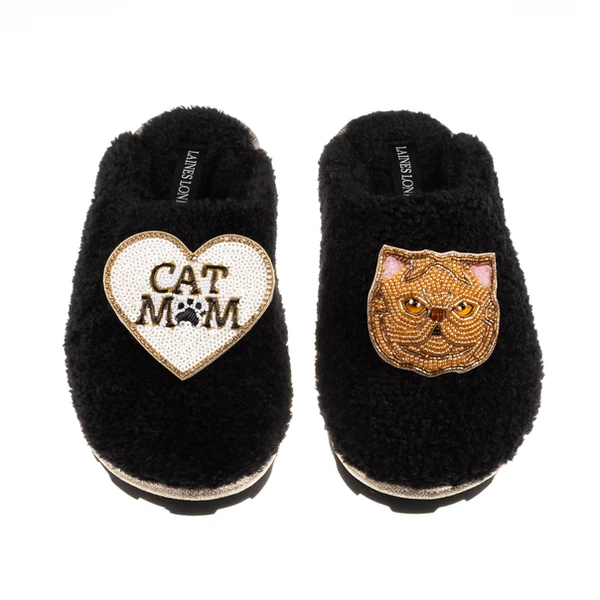 Laines London Teddy Closed Toe Slippers With Cat Mum/Mom & Ginger Persian Cat Brooches