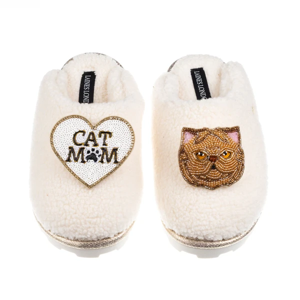 Laines London Teddy Closed Toe Slippers With Cat Mum/Mom & Ginger Persian Cat Brooches