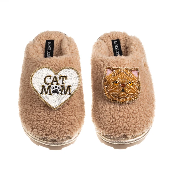 Laines London Teddy Closed Toe Slippers With Cat Mum/Mom & Ginger Persian Cat Brooches