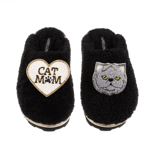 Laines London Teddy Closed Toe Slippers With Cat Mum/Mom & Grey Persian Cat Brooches