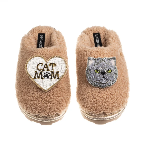 Laines London Teddy Closed Toe Slippers With Cat Mum/Mom & Grey Persian Cat Brooches