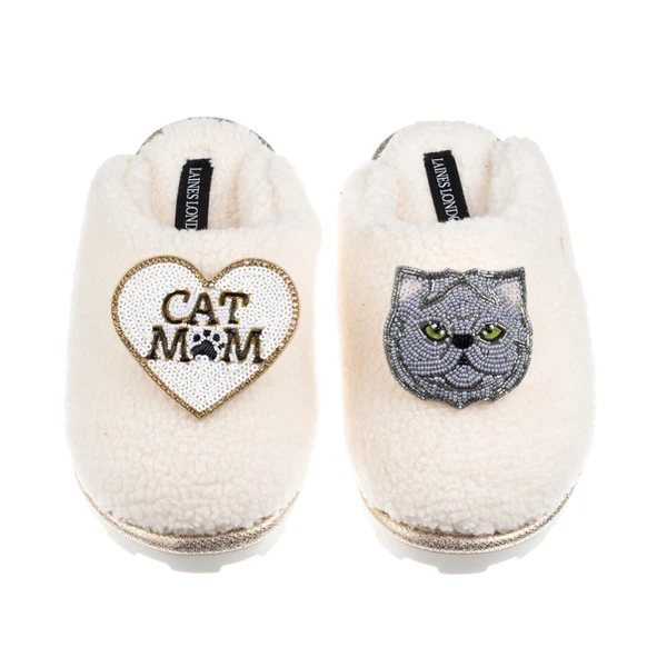 laines london Teddy Closed Toe Slippers With Cat Mum/Mom & Grey Persian Cat Brooches