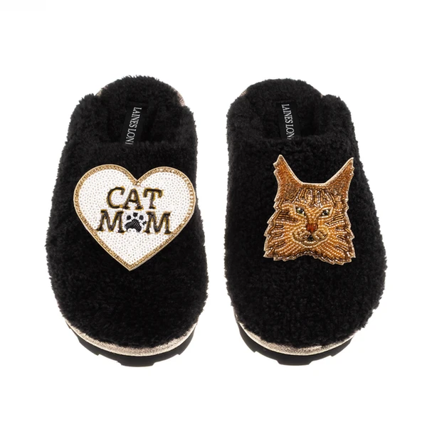 Laines London Teddy Closed Toe Slippers With Cat Mum/Mom & Maine Coon Cat Brooches