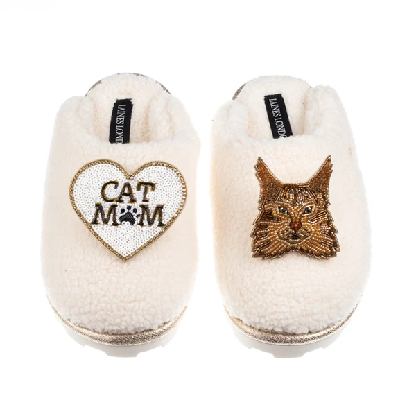 Laines London Teddy Closed Toe Slippers With Cat Mum/Mom & Maine Coon Cat Brooches