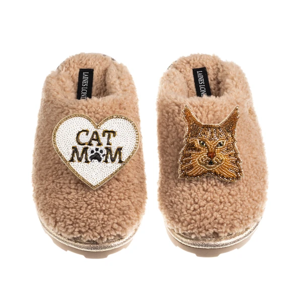 laines london Teddy Closed Toe Slippers With Cat Mum/Mom & Maine Coon Cat Brooches