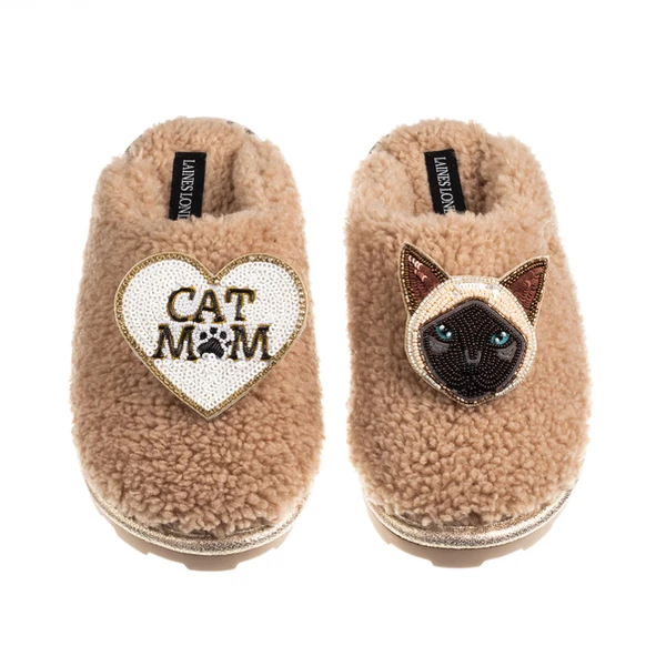 Laines London Teddy Closed Toe Slippers With Cat Mum / Mom & Siamese Cat Brooches