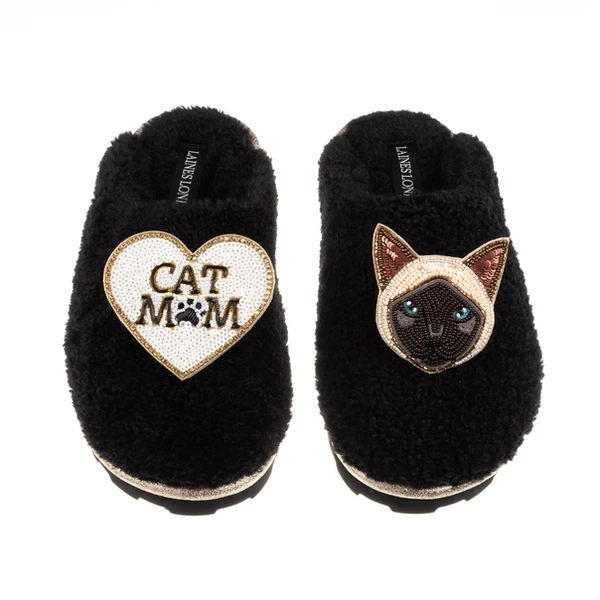 laines london Teddy Closed Toe Slippers With Cat Mum / Mom & Siamese Cat Brooches