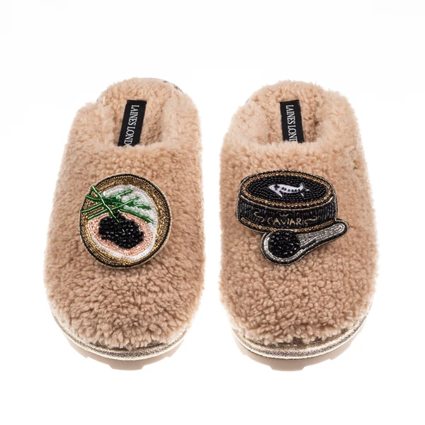 Laines London Teddy Closed Toe Slippers With Caviar & Blini Brooches