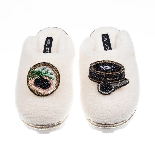 Laines London Teddy Closed Toe Slippers With Caviar & Blini Brooches
