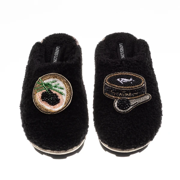 Laines London Teddy Closed Toe Slippers With Caviar & Blini Brooches
