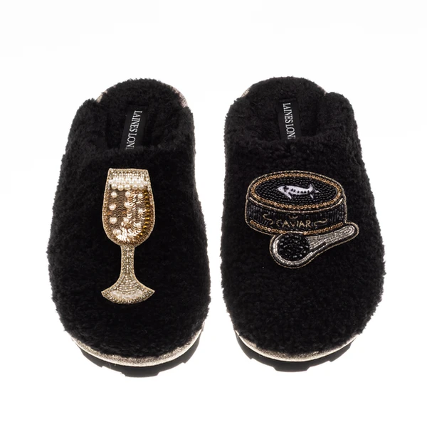Laines London Teddy Closed Toe Slippers With Caviar & Glass Of Fizz Brooches
