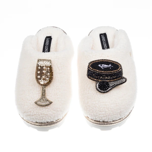 Laines London Teddy Closed Toe Slippers With Caviar & Glass Of Fizz Brooches