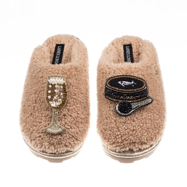 laines london Teddy Closed Toe Slippers With Caviar & Glass Of Fizz Brooches
