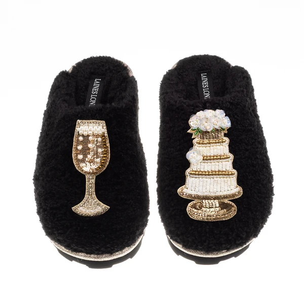 Laines London Teddy Closed Toe Slippers With Champers & Wedding Cake Brooches