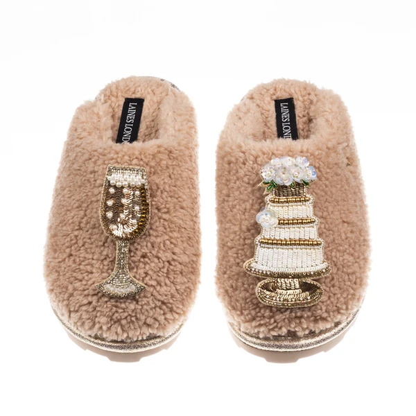 Laines London Teddy Closed Toe Slippers With Champers & Wedding Cake Brooches
