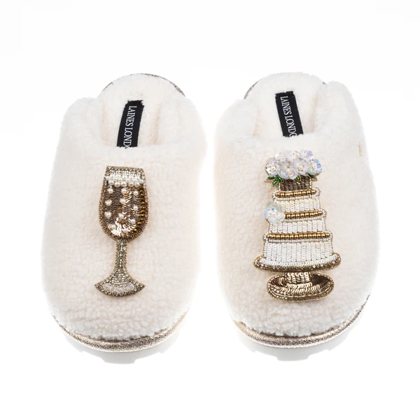 Laines London Teddy Closed Toe Slippers With Champers & Wedding Cake Brooches