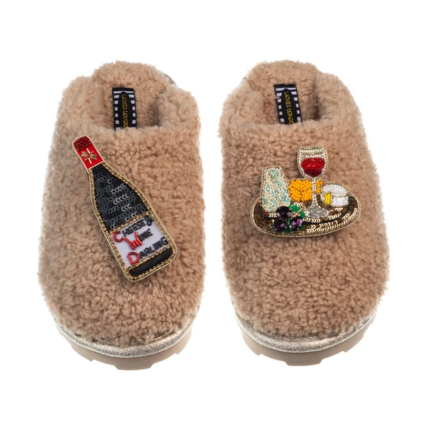 Laines London Teddy Closed Toe Slippers With Cheese & Wine Brooches