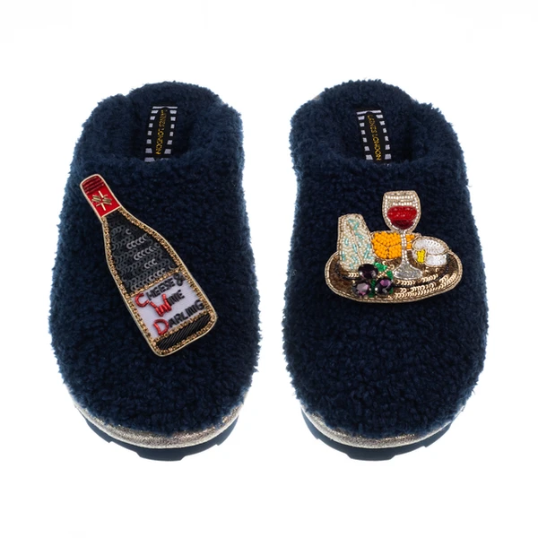 Laines London Teddy Closed Toe Slippers With Cheese & Wine Brooches