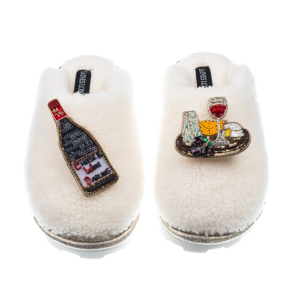 Laines London Teddy Closed Toe Slippers With Cheese & Wine Brooches