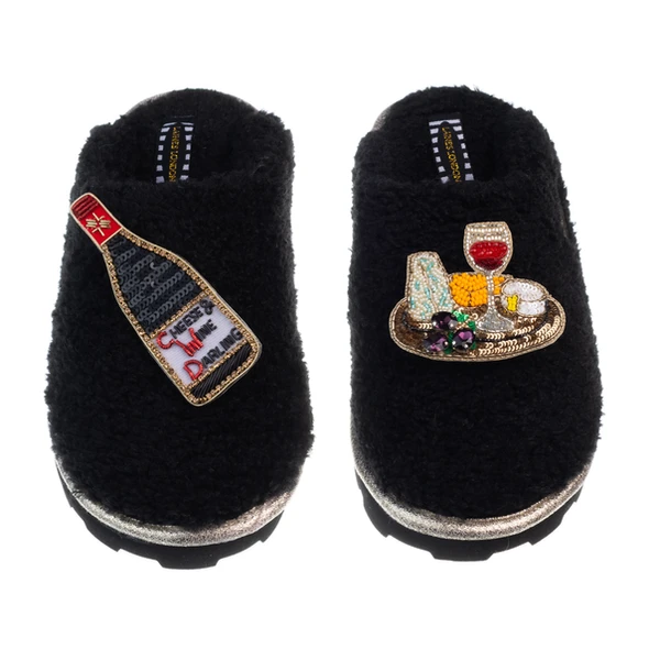 laines london Teddy Closed Toe Slippers With Cheese & Wine Brooches