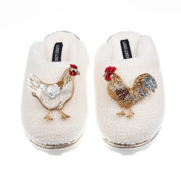 Laines London Teddy Closed Toe Slippers With Chicken & Rooster Brooches