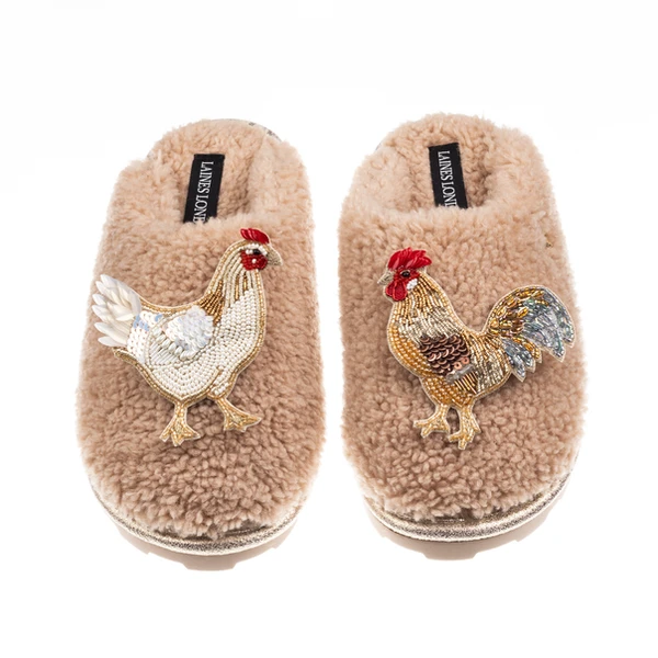 Laines London Teddy Closed Toe Slippers With Chicken & Rooster Brooches